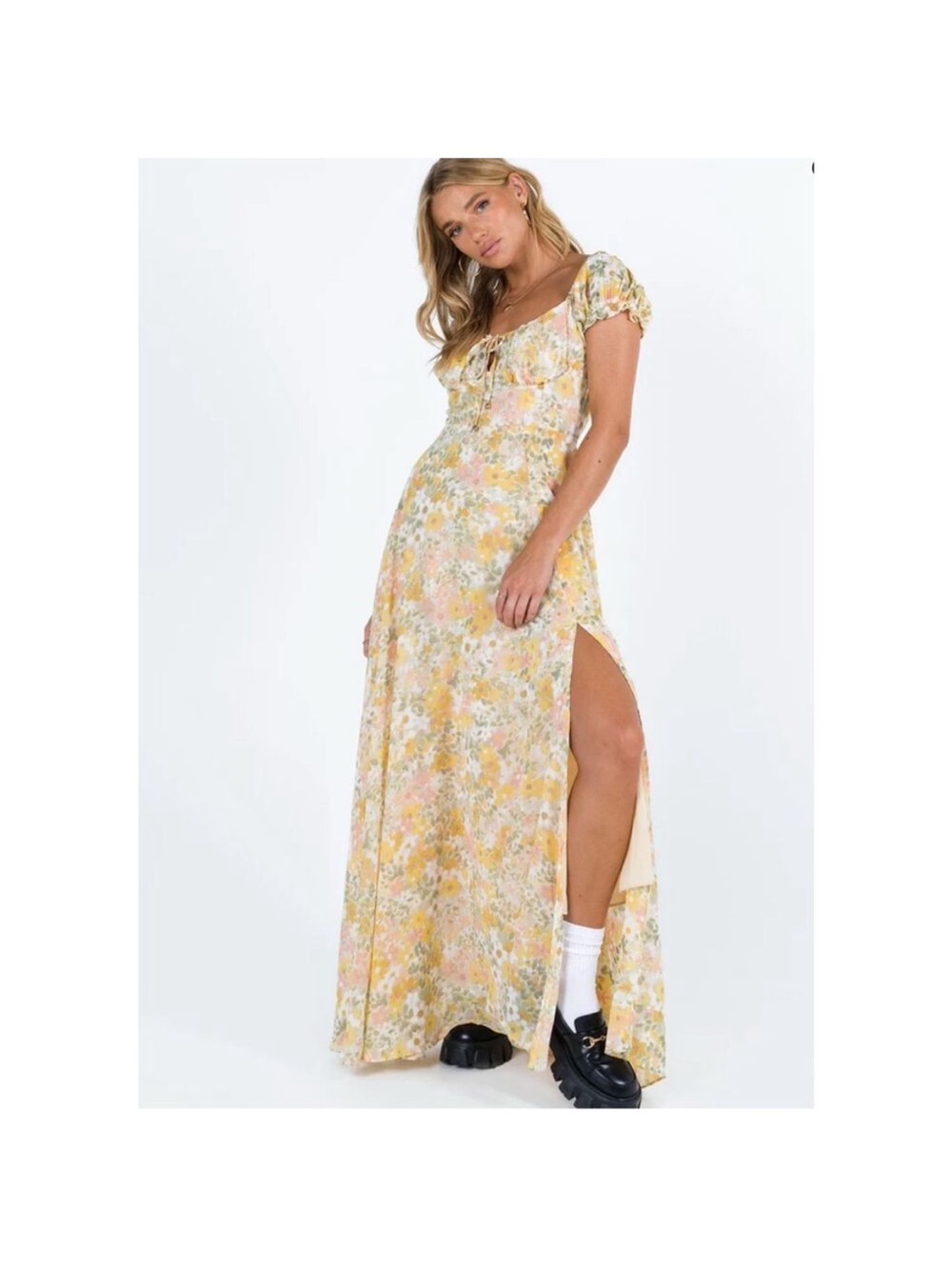 Princess Polly Yellow Floral Chiffon Maxi Dress with Puff Sleeves Size 8